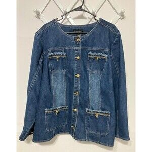 Catherines Womens Plus Size 2X Denim Jean Jacket Gold Tone Buttons Fringe Accent